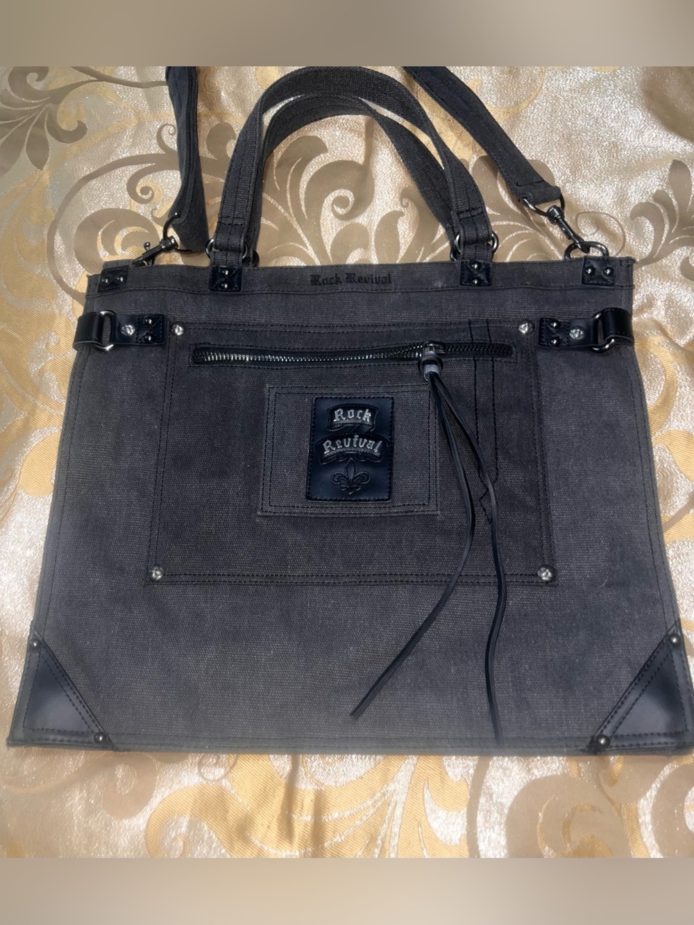 NWOT Rock Revival GRAY  Black Denim Canvas Messenger Crossbody Tote Bag